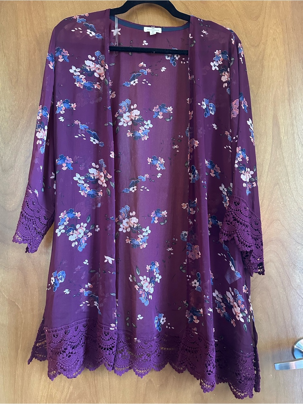 Open-Front Floral Lace-Trim Cardigan - Plum